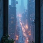 Through the small bedroom window, the remains of a city long overshadowed by progress are visible, with hardy plants poking through cracked concrete. Pixelated stars flicker in a simulated night sky beyond. Old metal structures loom, ghostly in the light of distant holographic billboards, projecting advertisements for energy-efficient implants and virtual holidays on moons across the system. It's a world straddling a delicate line between past and future; between what was once beautiful and what has been left behind.