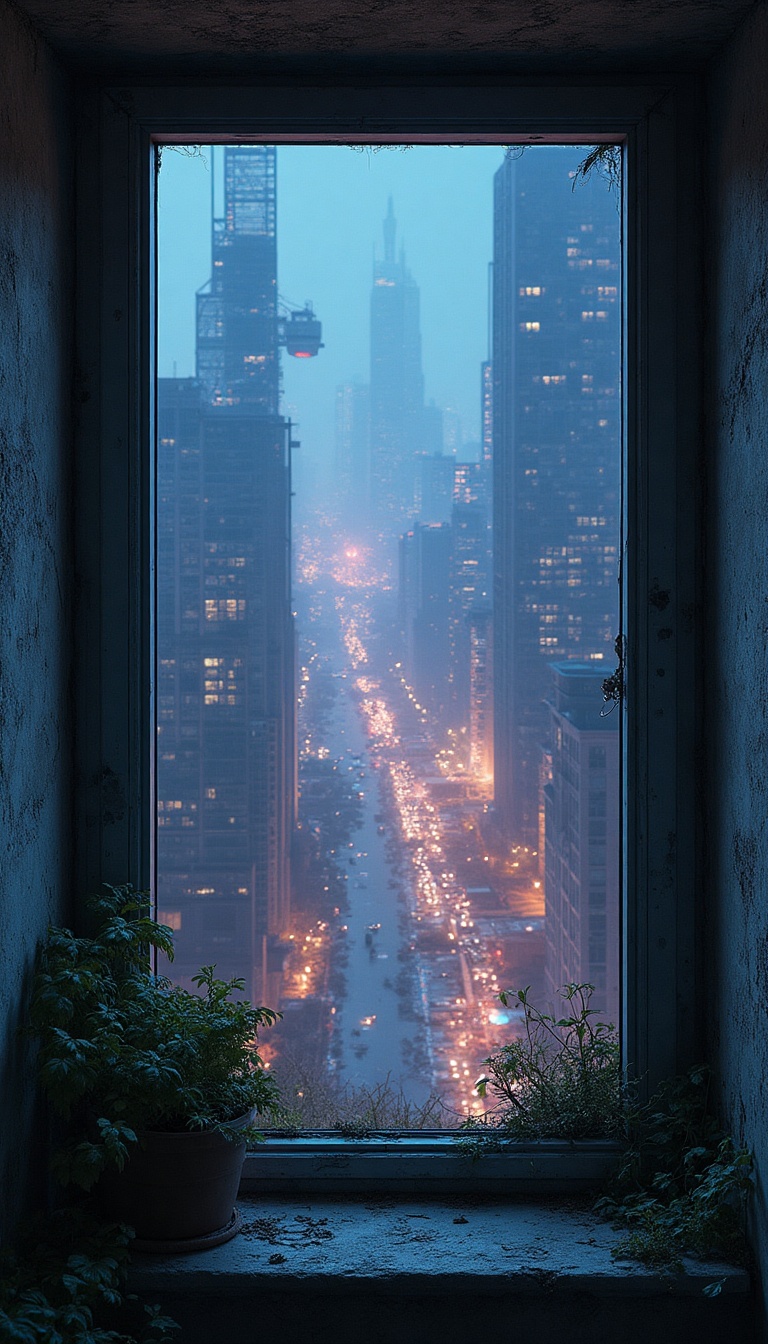 Through the small bedroom window, the remains of a city long overshadowed by progress are visible, with hardy plants poking through cracked concrete. Pixelated stars flicker in a simulated night sky beyond. Old metal structures loom, ghostly in the light of distant holographic billboards, projecting advertisements for energy-efficient implants and virtual holidays on moons across the system. It's a world straddling a delicate line between past and future; between what was once beautiful and what has been left behind.