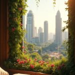 The camera focuses on a small tiny bedroom window framed with thin, eco-friendly materials, offering a glimpse into the vibrant world outside. Sunlight filters through, casting warm golden rays on the fresh patch of bioluminescent flora blooming just beyond the panes. The rich, earthy scents waft in, blending with the gentle breezes and rustling leaves. Outside, lush vertical gardens cascade down the walls of glass and steel, while advanced drones flit gracefully above, tending to the plants. Bursts of color from the flowers paint the city in vibrance, showcasing the harmonious coexistence of nature and technology.