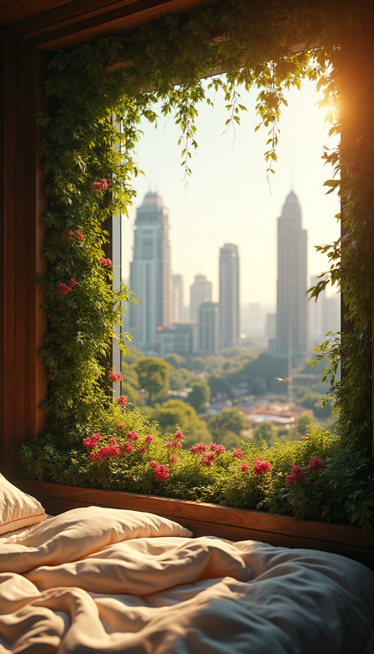 The camera focuses on a small tiny bedroom window framed with thin, eco-friendly materials, offering a glimpse into the vibrant world outside. Sunlight filters through, casting warm golden rays on the fresh patch of bioluminescent flora blooming just beyond the panes. The rich, earthy scents waft in, blending with the gentle breezes and rustling leaves. Outside, lush vertical gardens cascade down the walls of glass and steel, while advanced drones flit gracefully above, tending to the plants. Bursts of color from the flowers paint the city in vibrance, showcasing the harmonious coexistence of nature and technology.