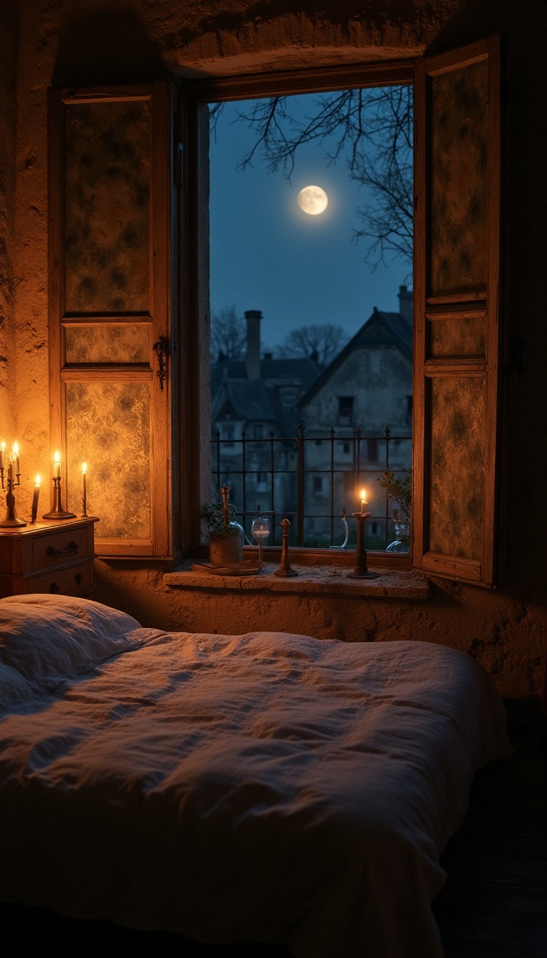 A dimly lit bedroom, filled with shadows and the soft golden glow of flickering candlelight. From a small, dusty window, the silhouette of the moon can be seen, low and full amidst a tapestry of stars against the deep blue sky. The cobblestone streets of Bordeaux glisten with dew, while the faint outlines of rooftops and chimneys create a quaint skyline. Delicate steam rises from a nearby bakery, filling the air with the aroma of baked bread and sweet pastries.