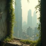 The camera zooms in on a tiny bedroom window, the glass smudged with grime and partially obscured by fluttering plastic plant vines. A narrow slant of sickly yellow light filters through, illuminating a makeshift sleeping space draped in dull, gray fabrics. Outside, the faint outline of crumbling skyscrapers looms beneath an oppressive layer of smog, the silhouettes barely discernible. Shimmers of artificial greenery cling to the building sides, desperately trying to mimic the unreachable vibrancy of life.