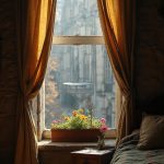 The camera slowly pans from a dimly lit tiny bedroom, revealing a small window draped with a weathered linen curtain. The morning light begins to pierce through the fabric, casting soft shadows. Through the window, the view showcases the bustling cobbled streets of medieval Paris awakening as merchants prepare their stalls. The intricate stone architecture of looming cathedrals stands tall in the background, while colorful blooms in window boxes hint at the arrival of spring.