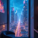 A narrow window frames a small, dimly lit bedroom bathed in soft blue light. Outside, the gleaming skyline of a futuristic city rises, punctuated by towering skyscrapers adorned with neon advertisements that flicker like stars against a dark canvas. A constant hum of flying vehicles fills the air, while distant holographic displays pulse with vibrant colors—images of the Aether Café flickering among them, drawing the viewer into a world where technology and urban life intertwine seamlessly.