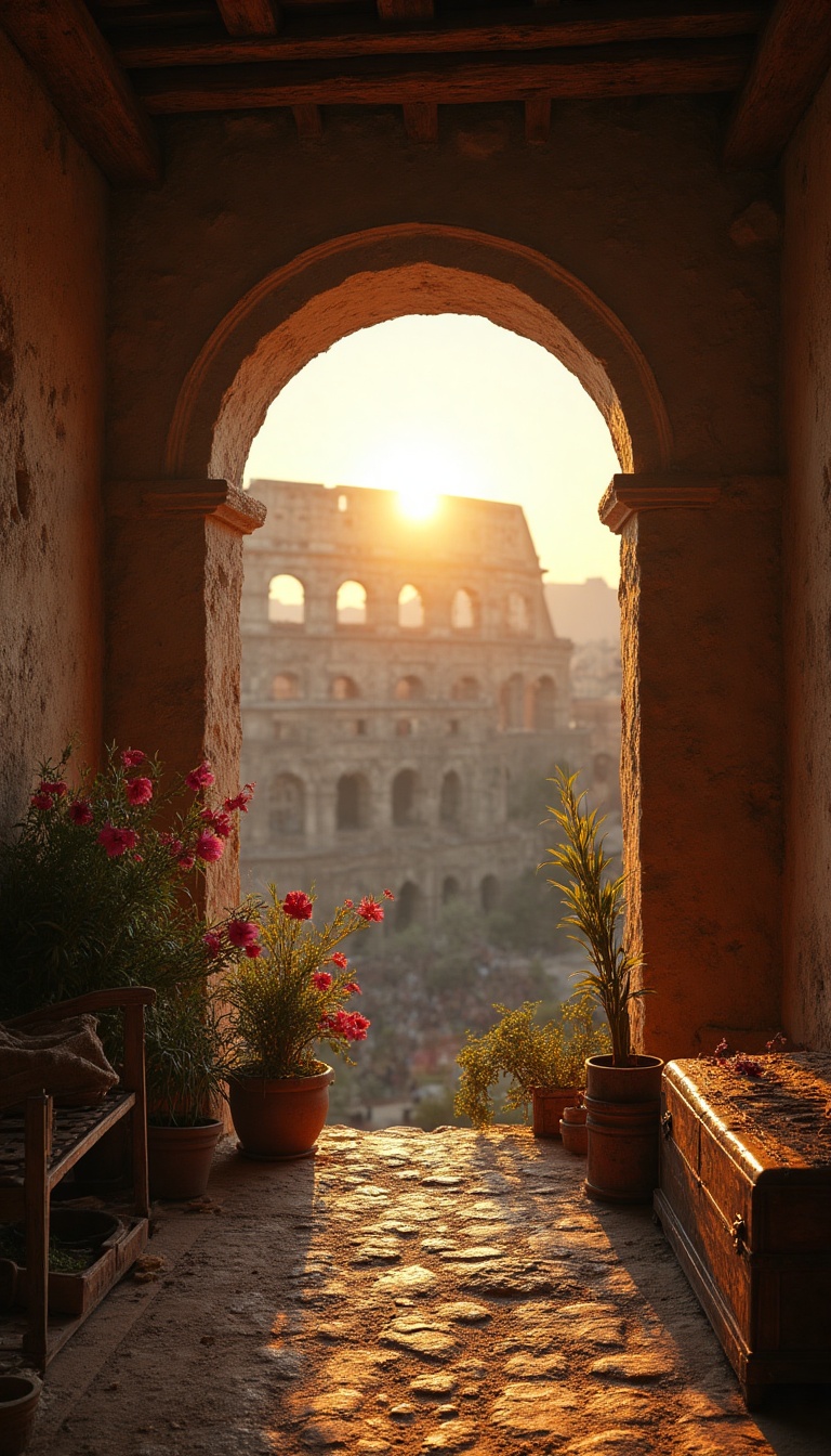 Through a tiny, dusty window in a humble Roman bedroom, the bright light of dawn filters softly, illuminating the worn wooden beams and earthen walls. Outside, the sun begins to rise over the majestic silhouette of the Colosseum, its arches bathed in golden hues. The sound of distant crowds can be heard, echoing through the streets filled with merchants setting up stalls. Glistening beads of dew cling to vibrant flowers brightening the otherwise rustic view, hinting at the burgeoning energy of the ancient city waking up to yet another day of excitement and conflict.