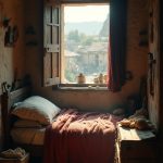 The camera opens to a small medieval bedroom, the sunlight filtering through a single, dusty window. From the window's vantage point, we see a glimpse of the busy village square below—the vibrant, bustling life filled with merchants trading goods, children playing, and townsfolk haggling. The air is thick with the aroma of fresh bread and the sound of distant laughter, creating a sense of warmth and community against the foreboding clouds gathering on the horizon.