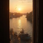 Through the tiny, cracked window of a dimly lit sleeping quarters, the first light of dawn spills through, illuminating dust motes dancing lazily in the golden hue. The narrow frame reveals a glimpse of the mighty Mississippi, glistening under the awakening sun, its rippling surface reflecting shades of amber and navy. In the distance, the silhouettes of majestic oak trees line the riverbank, swaying gently in the morning breeze. The faint sound of the steam whistle echoes, hinting at the vitality just outside, as life awakens along the bustling routes of the river.