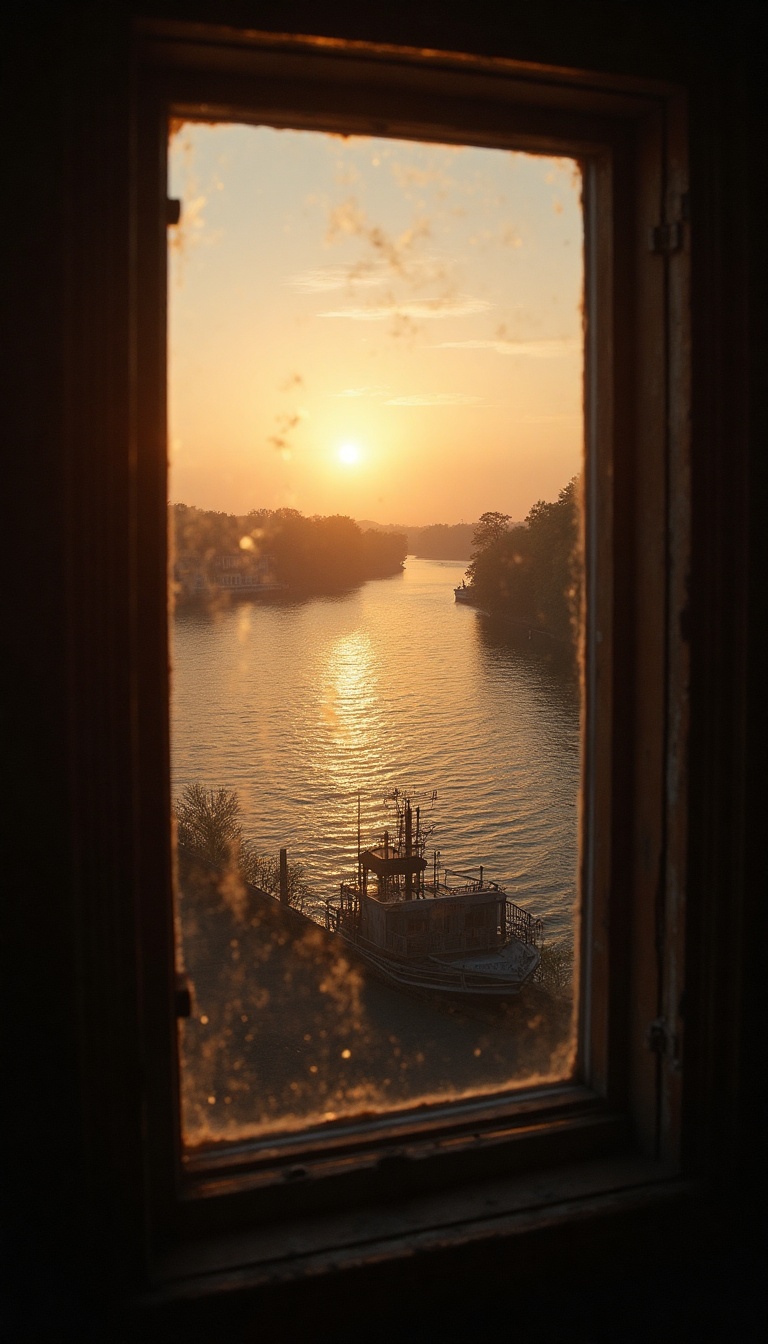 Through the tiny, cracked window of a dimly lit sleeping quarters, the first light of dawn spills through, illuminating dust motes dancing lazily in the golden hue. The narrow frame reveals a glimpse of the mighty Mississippi, glistening under the awakening sun, its rippling surface reflecting shades of amber and navy. In the distance, the silhouettes of majestic oak trees line the riverbank, swaying gently in the morning breeze. The faint sound of the steam whistle echoes, hinting at the vitality just outside, as life awakens along the bustling routes of the river.