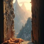 The tiny bedroom window frames a view of golden sun rays breaking over the jagged mountain peaks. Mist swirls around the base of Stonehaven, revealing glimmers of light off the forge's openings. Below, the bustle of dwarven life hums as shadows of armor-clad figures move about, their voices punctuated by distant hammering. A faint aroma of freshly baked bread wafts through the crack, mingling with the smoky scent of the forge, making it a profound yet peaceful awakening for our blacksmith.