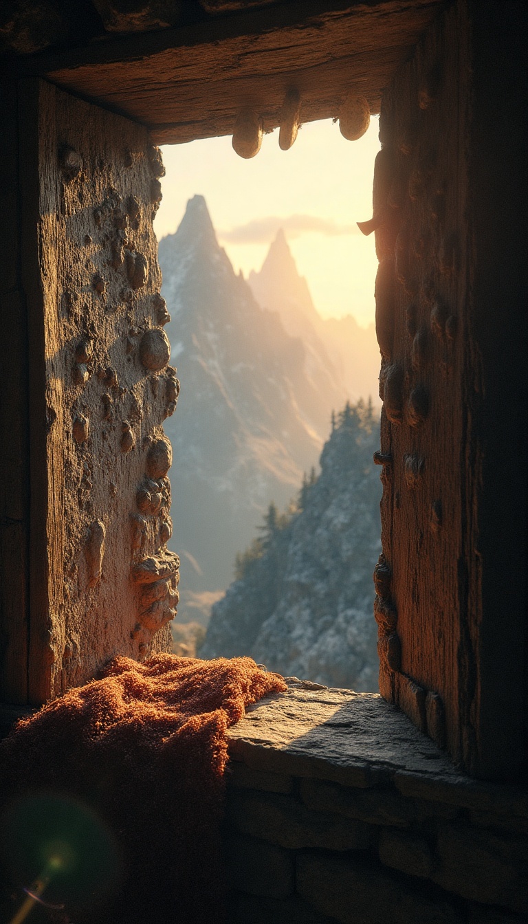 The tiny bedroom window frames a view of golden sun rays breaking over the jagged mountain peaks. Mist swirls around the base of Stonehaven, revealing glimmers of light off the forge's openings. Below, the bustle of dwarven life hums as shadows of armor-clad figures move about, their voices punctuated by distant hammering. A faint aroma of freshly baked bread wafts through the crack, mingling with the smoky scent of the forge, making it a profound yet peaceful awakening for our blacksmith.