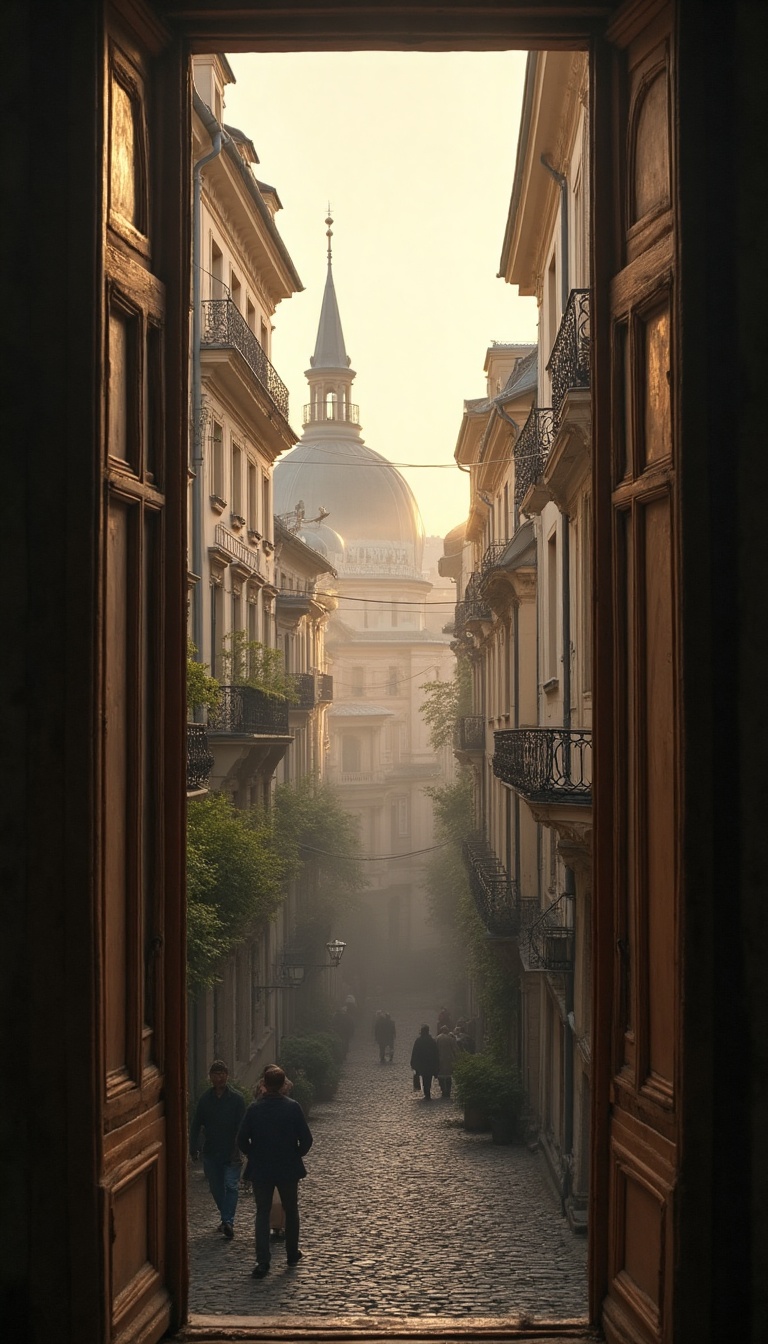 A narrow, aged wooden window frame creaks open, offering a glimpse of Vienna's awakening dawn. Wisps of mist curl above cobblestone streets, where horse-drawn carriages rattle past. Sunlight spills gold over rooftops, revealing intricate spires and bustling rooftops adorned with climbing ivy. Clocks in shops and homes begin their morning symphony, softly ticking, the rhythm of life emerging in tandem with the distant laughter and chatter of townsfolk. The aroma of freshly baked bread mingles with the crisp morning air, hinting at a vibrant city alive with promise.
