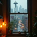 The camera glides through a small, dimly lit bedroom illuminated by the soft glow of early dawn. A tiny window frames a view of the bustling Seattle streets below, where raindrops slide down the glass like tears. Beyond the window, the iconic Space Needle pierces the misty sky, surrounded by towering pines and the distant silhouette of the Olympic Mountains. The rhythmic patter of rain creates a melodious backdrop as the warm steam fills the air, leaving the viewer longing for the outside world that awaits.