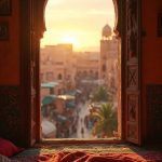 The sun slowly spills over the horizon, casting a warm golden hue inside a modest, rustic bedroom. A small wooden window reveals a vibrant view of Marrakech's bustling marketplace below. Merchants are setting up their stalls, colors bursting forth—glistening oranges, deep blues, and earthy reds. Birds flit through the sky, while a gentle breeze rustles the din of voices and fabric from outside. The calm before the storm is palpable, resonating with the faint heartbeat of an eager city waking to a new day.