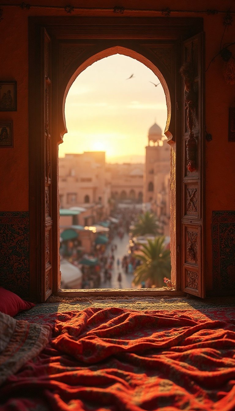 The sun slowly spills over the horizon, casting a warm golden hue inside a modest, rustic bedroom. A small wooden window reveals a vibrant view of Marrakech's bustling marketplace below. Merchants are setting up their stalls, colors bursting forth—glistening oranges, deep blues, and earthy reds. Birds flit through the sky, while a gentle breeze rustles the din of voices and fabric from outside. The calm before the storm is palpable, resonating with the faint heartbeat of an eager city waking to a new day.