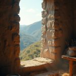A small, dimly lit room with a single wooden bed against a raw stone wall and a thin straw mat atop it. Sunlight streams through a tiny, dusty window, illuminating specks of dust in the air. Outside the window, the majestic peaks of the Mount Hu mountain range rise against a cloudless blue sky, bathed in golden hues of early dawn. A vibrant landscape of wild greenery stretches out, with the Great Wall snaking along the horizon like a colossal dragon.