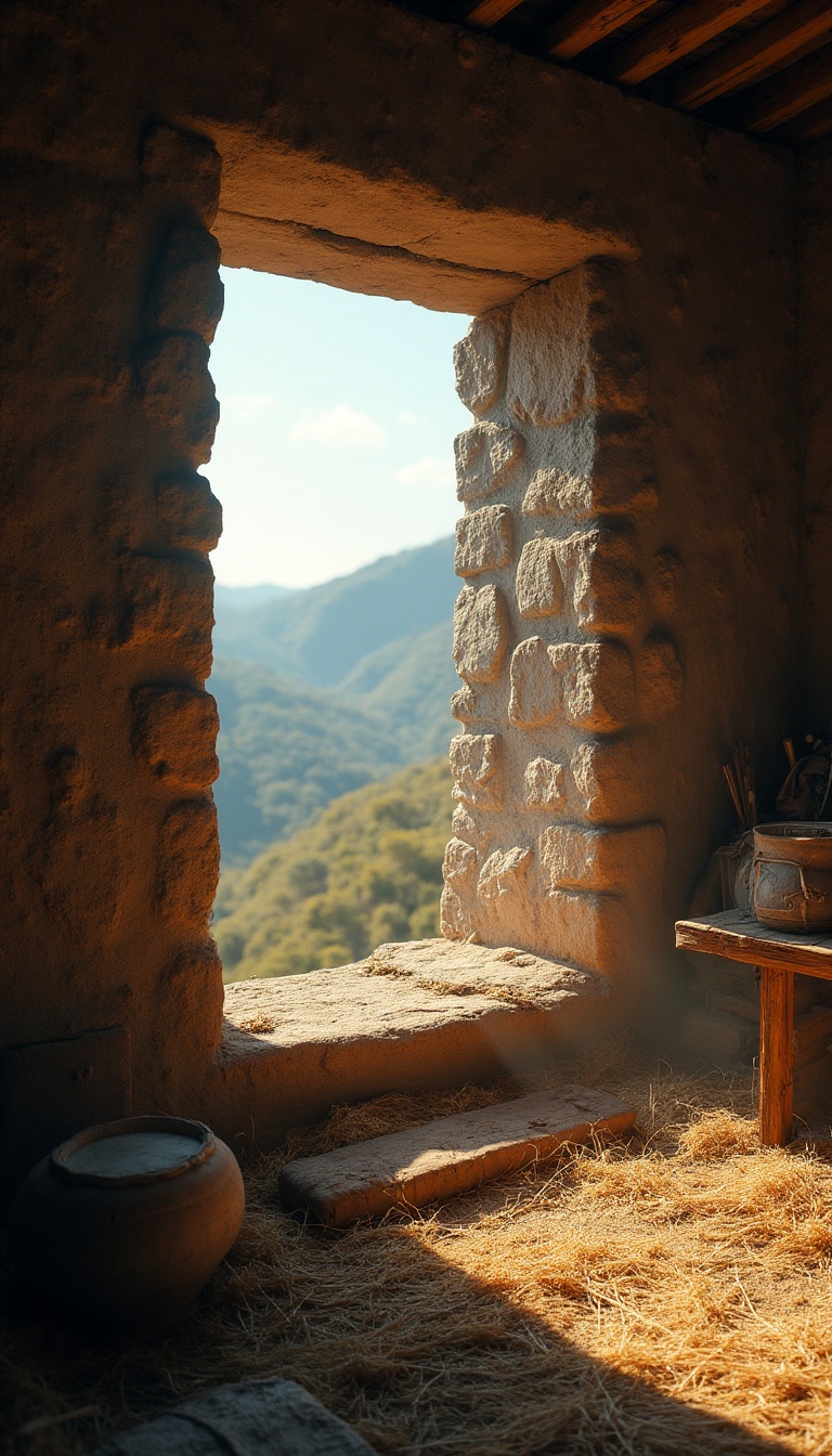 A small, dimly lit room with a single wooden bed against a raw stone wall and a thin straw mat atop it. Sunlight streams through a tiny, dusty window, illuminating specks of dust in the air. Outside the window, the majestic peaks of the Mount Hu mountain range rise against a cloudless blue sky, bathed in golden hues of early dawn. A vibrant landscape of wild greenery stretches out, with the Great Wall snaking along the horizon like a colossal dragon.