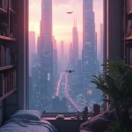 The first light of dawn spills through a small, grimy window, illuminating the cramped bedroom of Callan Drexler. Outside lies Neo-Arcadia, a sprawling city of glass and steel, where colossal buildings rise like titans against a sky painted in soft pastels. Drones buzz in the distance, weaving through the early morning fog, while neon billboards flicker to life. The air is thick with anticipation, the city awakening, unaware of the chaos lurking beneath its vibrant surface.