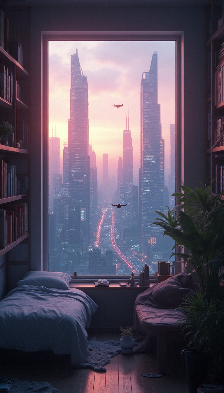 The first light of dawn spills through a small, grimy window, illuminating the cramped bedroom of Callan Drexler. Outside lies Neo-Arcadia, a sprawling city of glass and steel, where colossal buildings rise like titans against a sky painted in soft pastels. Drones buzz in the distance, weaving through the early morning fog, while neon billboards flicker to life. The air is thick with anticipation, the city awakening, unaware of the chaos lurking beneath its vibrant surface.
