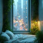 A small rectangular window provides a narrow glimpse into a dimly lit tiny bedroom. The view reveals a bustling metropolis below, with skyscrapers towering against a neon-streaked sky, streetlights casting shimmering reflections, and the glow of holographic advertisements illuminating the darkness. The distant sounds of a city in motion filter through the glass, hinting at life outside. Inside, the room's décor is minimalist, with a plush bed framed by sleek lines, emphasizing the technologically advanced era of 2050.