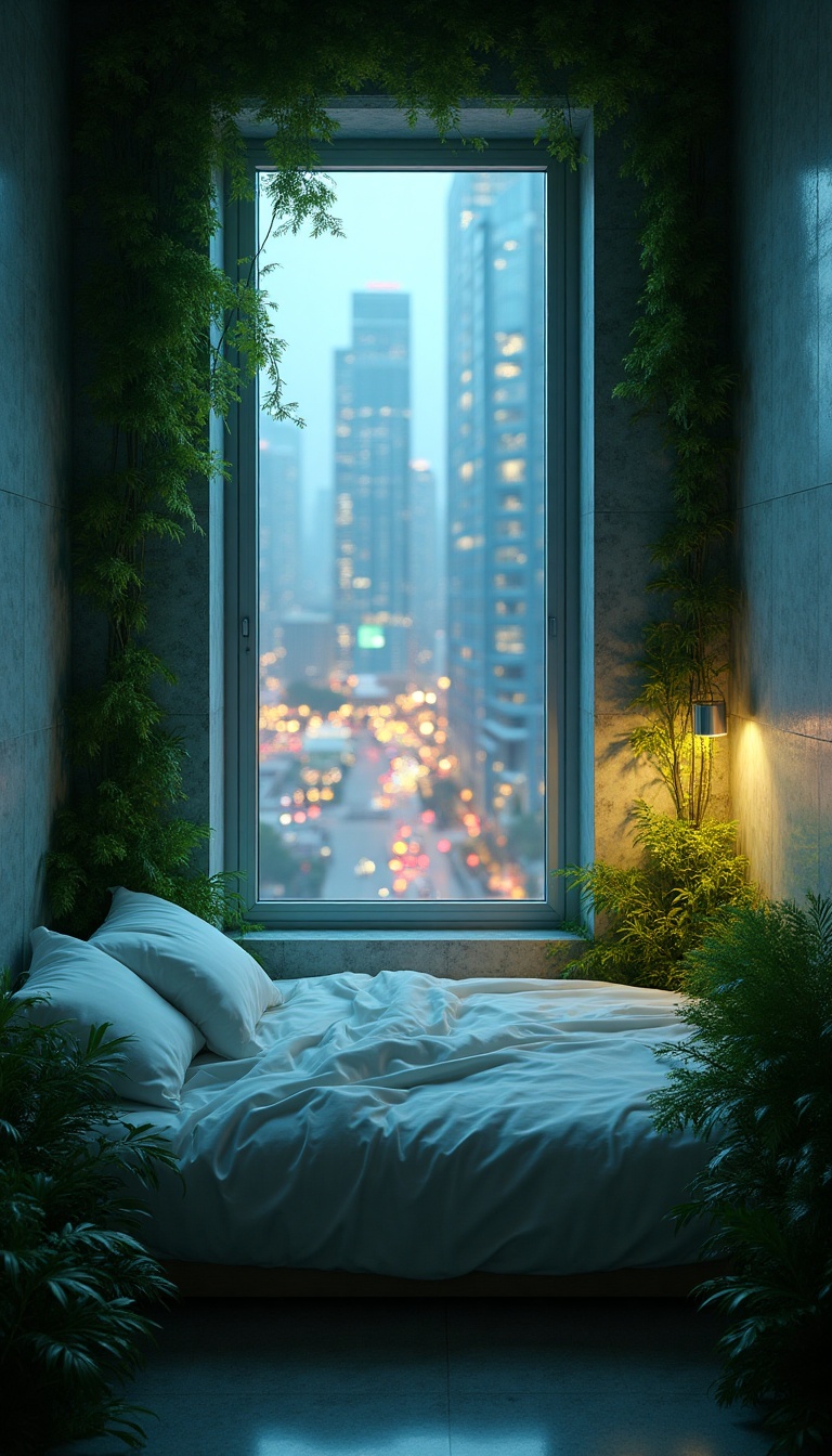 A small rectangular window provides a narrow glimpse into a dimly lit tiny bedroom. The view reveals a bustling metropolis below, with skyscrapers towering against a neon-streaked sky, streetlights casting shimmering reflections, and the glow of holographic advertisements illuminating the darkness. The distant sounds of a city in motion filter through the glass, hinting at life outside. Inside, the room's décor is minimalist, with a plush bed framed by sleek lines, emphasizing the technologically advanced era of 2050.