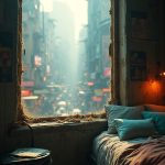 Through the grimy window of a humble sleeping space, sunlight spills in, illuminating dust motes dancing in the air. Outside, the chaotic cityscape of Vespera unfolds, vibrant neon lights flickering against the gray metal structures. Hovercrafts glide like shooting stars over the bustling streets, where traders haggle over their wares. The distant sounds of laughter and shouts hint at a marketplace alive with energy, while beneath it all, the pulse of engines and commerce vibrates like the heartbeat of a living entity.