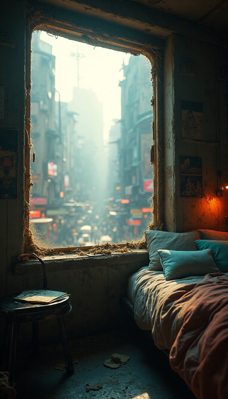 Through the grimy window of a humble sleeping space, sunlight spills in, illuminating dust motes dancing in the air. Outside, the chaotic cityscape of Vespera unfolds, vibrant neon lights flickering against the gray metal structures. Hovercrafts glide like shooting stars over the bustling streets, where traders haggle over their wares. The distant sounds of laughter and shouts hint at a marketplace alive with energy, while beneath it all, the pulse of engines and commerce vibrates like the heartbeat of a living entity.