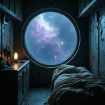 Through the small, circular window of the cramped sleeping quarters aboard the mining vessel Eclipse, Orion gazes into the vastness of starlit space. Nebulae swirl in ethereal hues of violet and blue, interspersed with the twinkling of distant stars. Asteroids drift like ancient ruins, remnants of cosmic history, each carrying the promise of valuable resources. The metal structure of the ship creaks softly, hums of machinery form a minimal soundtrack to a universe that feels both encompassing and desolate.