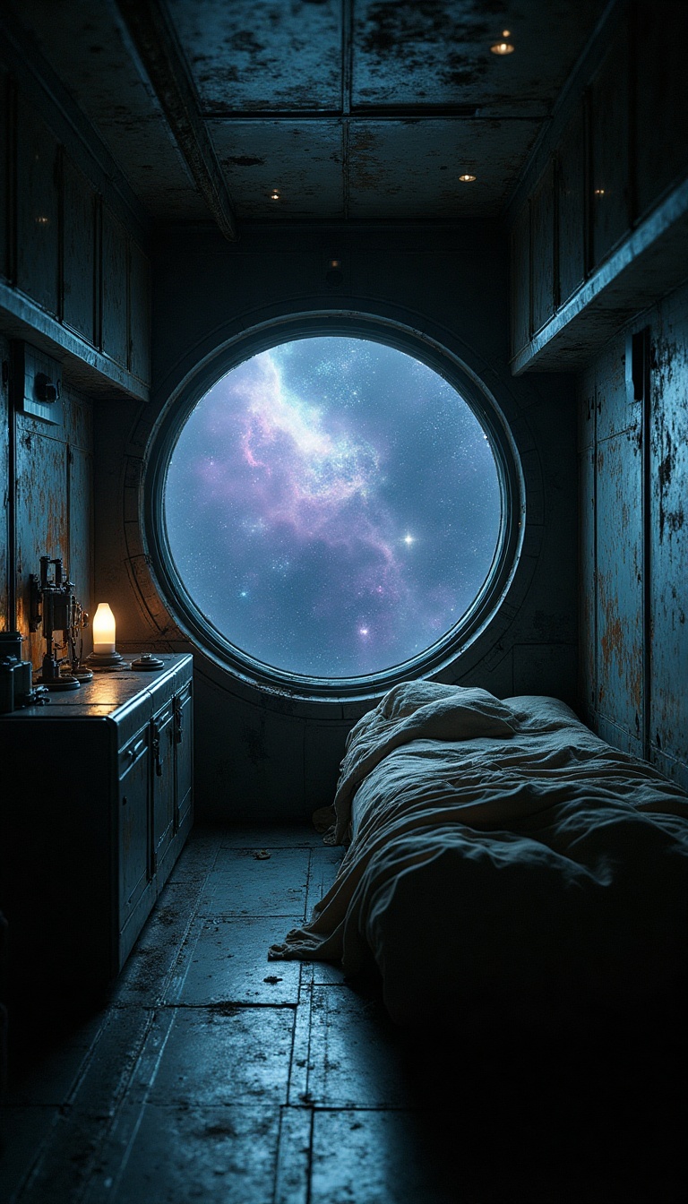 Through the small, circular window of the cramped sleeping quarters aboard the mining vessel Eclipse, Orion gazes into the vastness of starlit space. Nebulae swirl in ethereal hues of violet and blue, interspersed with the twinkling of distant stars. Asteroids drift like ancient ruins, remnants of cosmic history, each carrying the promise of valuable resources. The metal structure of the ship creaks softly, hums of machinery form a minimal soundtrack to a universe that feels both encompassing and desolate.