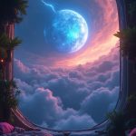 Through a small, rounded window of a humble room, the view reveals the swirling, tempestuous storms of Jupiter below, vibrant with deep oranges and rich purples, contrasting against the black void of space. Flashes of lightning illuminate the gas giant’s chaotic surface, while the cool, shimmering blue of the floating city of Hamara glows softly in the distance. The city is a mesmerizing blend of metallic structures and glowing bioluminescent flora, surrounded by clouds of gas drifting eerily alongside.