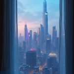 A tiny bedroom window reveals a personal sanctuary bathed in soft, cerulean light. Outside, the skyline of New Krypton emerges, a mesmerizing blend of shimmering skyscrapers that stretch towards the heavens, reflecting the polished glory of the metropolis. The gentle hum of the vibrational harmonic generator can be felt even through the glass, vibrating softly against the wooden frame. A sliver of moonlight casts delicate patterns on the floor, entwined with shadows, while the thin curtain flutters ever so slightly, as if whispering secrets of the night.