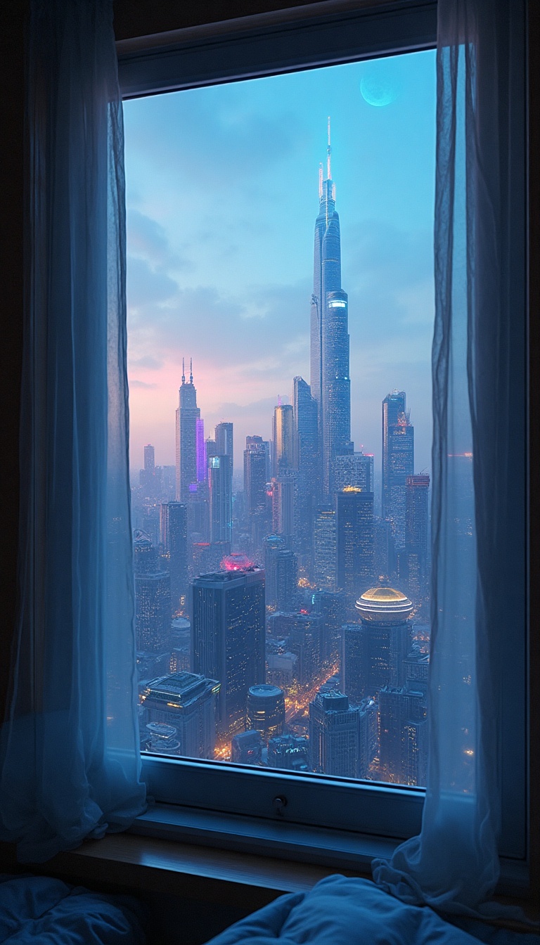 A tiny bedroom window reveals a personal sanctuary bathed in soft, cerulean light. Outside, the skyline of New Krypton emerges, a mesmerizing blend of shimmering skyscrapers that stretch towards the heavens, reflecting the polished glory of the metropolis. The gentle hum of the vibrational harmonic generator can be felt even through the glass, vibrating softly against the wooden frame. A sliver of moonlight casts delicate patterns on the floor, entwined with shadows, while the thin curtain flutters ever so slightly, as if whispering secrets of the night.