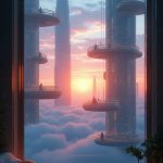 Scene 1: A panoramic view from a tiny window reveals the floating city of Troposcale at dusk, where the sky is painted in indigo and deep purple, and the dual suns are setting behind the horizon. Below, intricate sky bridges connect shimmering towers made of glass and steel, glistening like jewels. Ghostly silhouettes of citizens bustle about, indistinct in the vibrant atmosphere. A soft hum of machinery mingles with distant laughter from street markets, while a cool breeze wafts in, carrying the faint scent of spices and blooming flora from nearby balcony gardens.