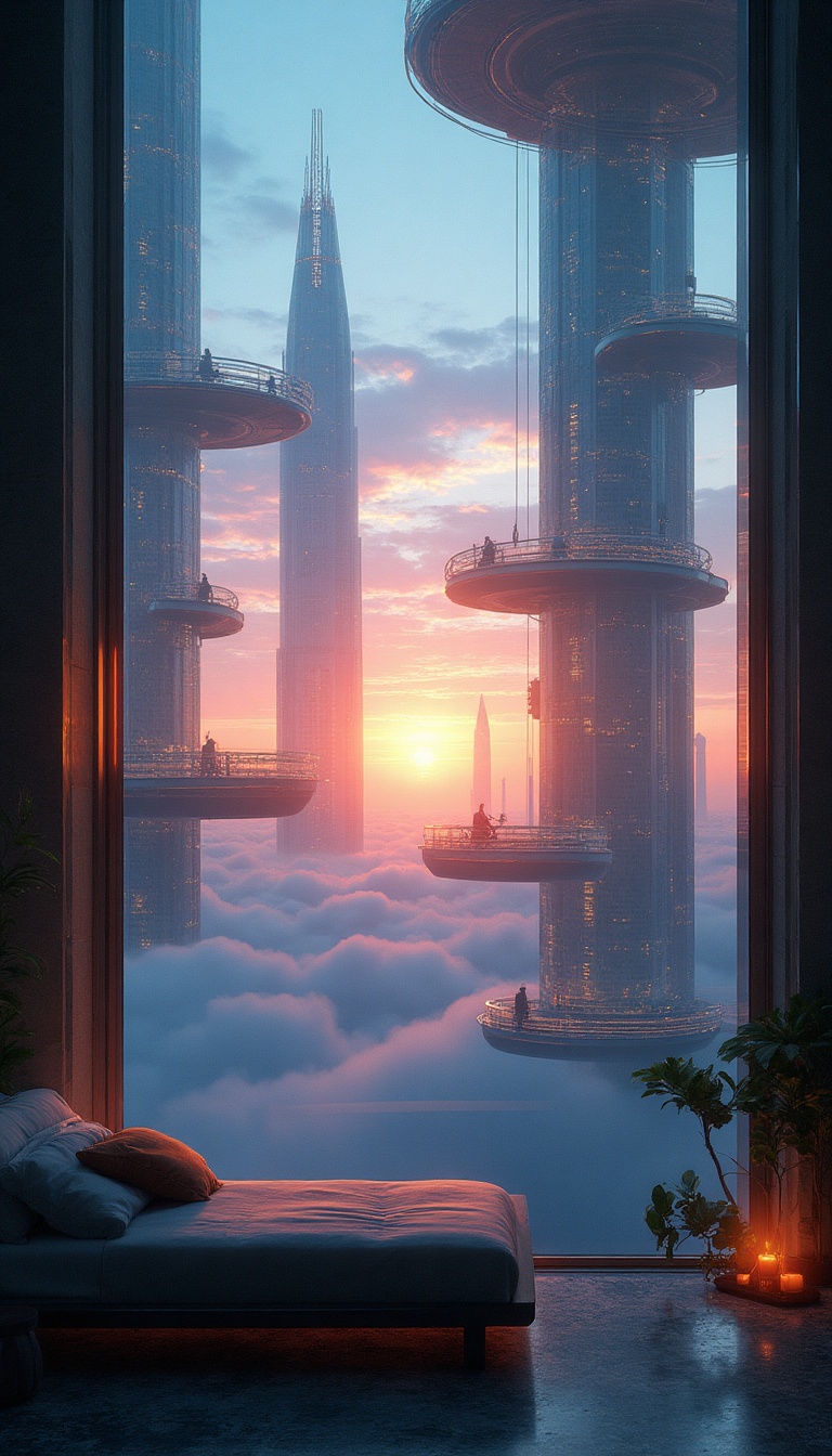 Scene 1: A panoramic view from a tiny window reveals the floating city of Troposcale at dusk, where the sky is painted in indigo and deep purple, and the dual suns are setting behind the horizon. Below, intricate sky bridges connect shimmering towers made of glass and steel, glistening like jewels. Ghostly silhouettes of citizens bustle about, indistinct in the vibrant atmosphere. A soft hum of machinery mingles with distant laughter from street markets, while a cool breeze wafts in, carrying the faint scent of spices and blooming flora from nearby balcony gardens.