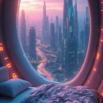 Through a tiny window, the reflections of shimmering neon lights dance across a modest bedroom, casting a kaleidoscope of colors on the walls. Beyond the glass, silhouetted figures glide through the streets of Aeris, a floating city adorned with sleek, futuristic architecture. The vibrant skyline looms under a dusky twilight, the horizon blending hues of purples and oranges, while flying vehicles zoom past at breathtaking speed.