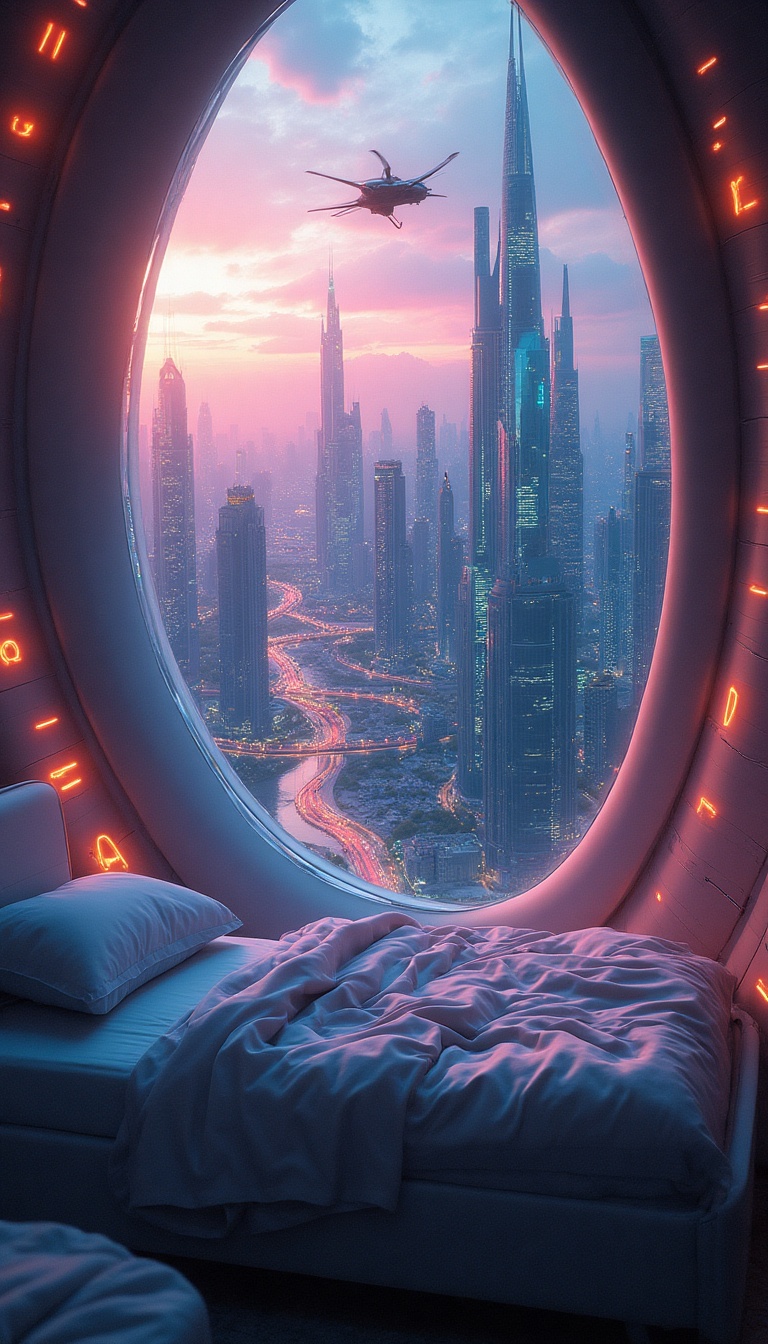 Through a tiny window, the reflections of shimmering neon lights dance across a modest bedroom, casting a kaleidoscope of colors on the walls. Beyond the glass, silhouetted figures glide through the streets of Aeris, a floating city adorned with sleek, futuristic architecture. The vibrant skyline looms under a dusky twilight, the horizon blending hues of purples and oranges, while flying vehicles zoom past at breathtaking speed.