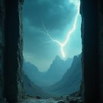 A dimly lit room reveals a tiny window framing the vast, volatile sky of Krypton. Cerulean hues are laced with swirling charcoal storm clouds as lightning forks illuminate the landscape. Outside, the jagged peaks of distant mountains jut against the backdrop, while a dust storm dances in the distance. The room is sparse, with a worn cot and old mining tools scattered about, echoing the rugged life of its inhabitant.