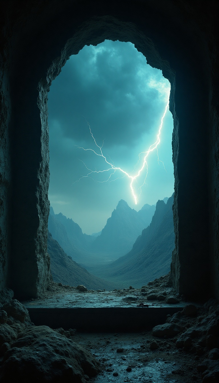 A dimly lit room reveals a tiny window framing the vast, volatile sky of Krypton. Cerulean hues are laced with swirling charcoal storm clouds as lightning forks illuminate the landscape. Outside, the jagged peaks of distant mountains jut against the backdrop, while a dust storm dances in the distance. The room is sparse, with a worn cot and old mining tools scattered about, echoing the rugged life of its inhabitant.