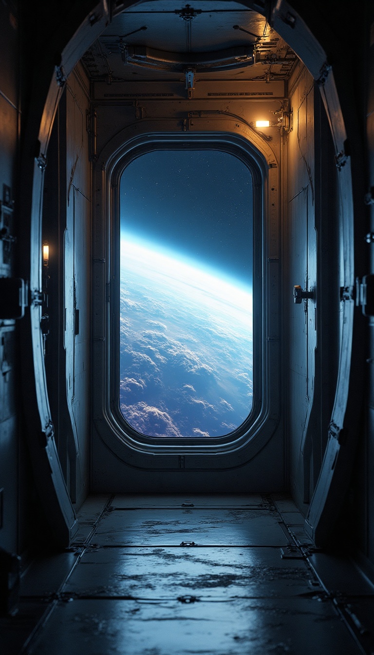 The cramped but functional quarters of a hovercraft mechanic reveal a small window, framed by dull metallic walls. Outside, the magnificent rings of Saturn sparkle like a celestial halo in the deep, dark void of space. Specks of starlight flicker beyond, showcasing the vastness of the cosmos. The soft hum of the resort's atmospheric generators echoes softly, creating a surreal tranquility that contrasts with the busy life unfolding beyond the glass.