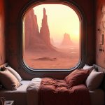 A small, dimly lit bedroom reveals a window framed by industrial metal, the glass slightly fogged from the cold Martian air. Beyond the window, the iconic Rockies of Mars loom under a coral sunset, orange hues seeping into the darkening sky. Jagged ravines of the Valles Marineris stretch like ancient scars across the surface, whispering tales of a rich geological past. The soft hum of machinery in the background soothes the stillness, while the shifting particles of Martian dust dance lazily, illuminated by the fading light.