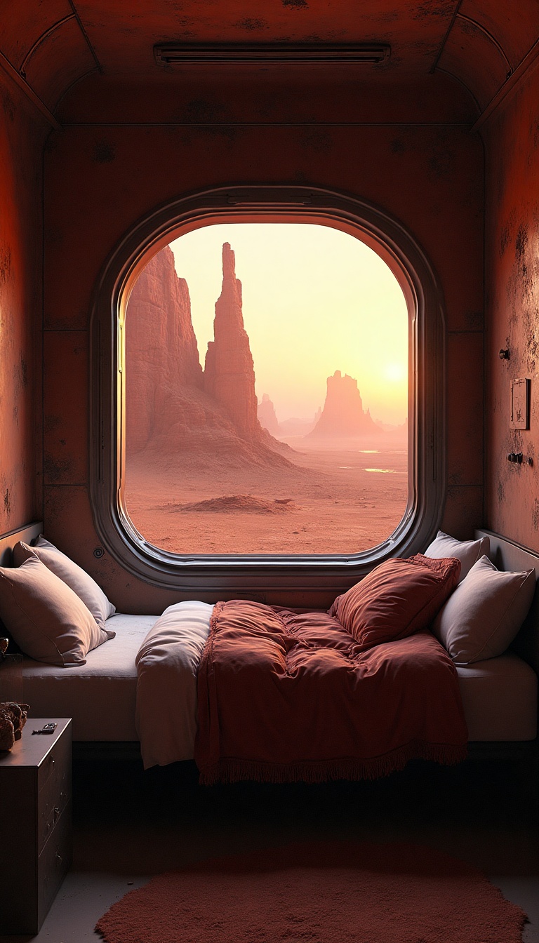 A small, dimly lit bedroom reveals a window framed by industrial metal, the glass slightly fogged from the cold Martian air. Beyond the window, the iconic Rockies of Mars loom under a coral sunset, orange hues seeping into the darkening sky. Jagged ravines of the Valles Marineris stretch like ancient scars across the surface, whispering tales of a rich geological past. The soft hum of machinery in the background soothes the stillness, while the shifting particles of Martian dust dance lazily, illuminated by the fading light.