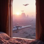 From a small bedroom window, a dimly lit room reveals the first light of dawn breaking over Shi'Kahr. The window frames a breathtaking view of the burgeoning starport, where sleek ships soar through a violet-hued sky, their metallic bodies shimmering. The gentle hum of engines and distant voices are blocked out by the glass, creating a moment of serene solitude amidst the looming chaos.