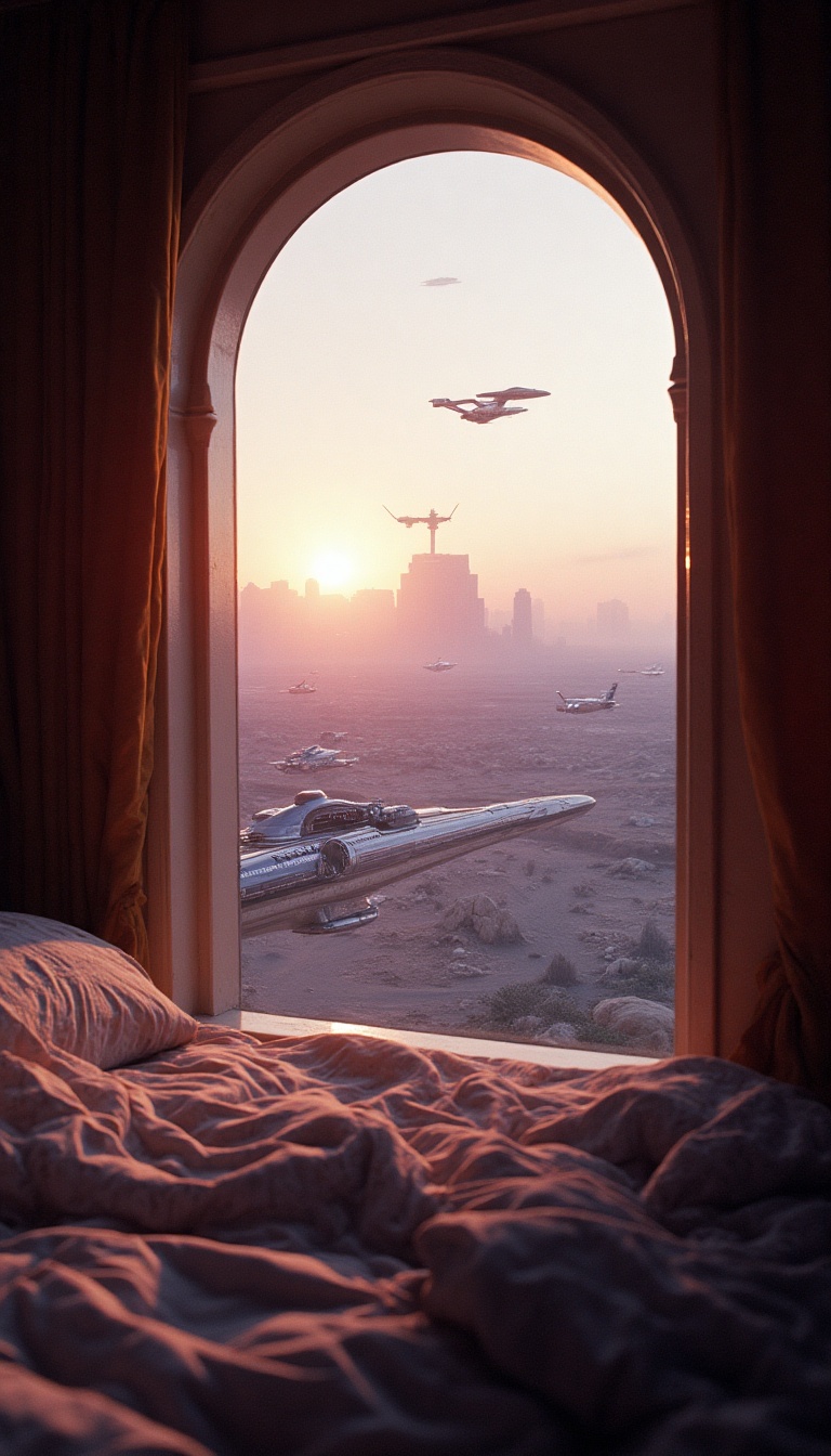 From a small bedroom window, a dimly lit room reveals the first light of dawn breaking over Shi'Kahr. The window frames a breathtaking view of the burgeoning starport, where sleek ships soar through a violet-hued sky, their metallic bodies shimmering. The gentle hum of engines and distant voices are blocked out by the glass, creating a moment of serene solitude amidst the looming chaos.