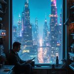 Through a small, cracked window, a tiny bedroom glows with the electric blue hue of Coruscant's night. Neon lights flicker, illuminating shadows of colossal metal structures against a starry backdrop. Hovercars weave through the air, painting bright streaks across the skyline. The room is cluttered with old schematics and tools, offering a glimpse of a bustling world filled with energy and innovation, yet the sigh of solitude is felt in the stillness surrounding the man.