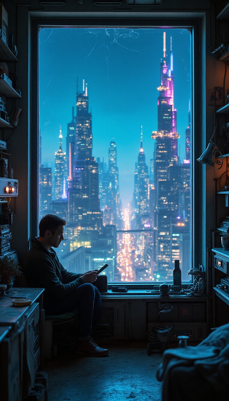 Through a small, cracked window, a tiny bedroom glows with the electric blue hue of Coruscant's night. Neon lights flicker, illuminating shadows of colossal metal structures against a starry backdrop. Hovercars weave through the air, painting bright streaks across the skyline. The room is cluttered with old schematics and tools, offering a glimpse of a bustling world filled with energy and innovation, yet the sigh of solitude is felt in the stillness surrounding the man.