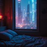A dimly lit bedroom with a small window showcasing Coruscant’s vibrant neon skyline. Jagged skyscrapers reach for the sky, illuminated by glowing holographic ads in vibrant colors. Shadows dance on the walls, hinting at aspirations and fears, while the distant hum of air traffic creates an energetic atmosphere. The room is small and cluttered, embodying a promise of what lies beyond.
