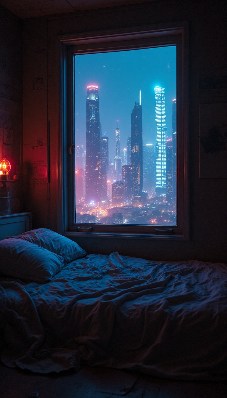 A dimly lit bedroom with a small window showcasing Coruscant’s vibrant neon skyline. Jagged skyscrapers reach for the sky, illuminated by glowing holographic ads in vibrant colors. Shadows dance on the walls, hinting at aspirations and fears, while the distant hum of air traffic creates an energetic atmosphere. The room is small and cluttered, embodying a promise of what lies beyond.