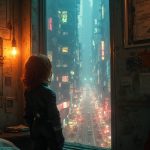 A small, dimly lit bedroom with walls adorned with industrial blueprints and flickering neon lights filtering through a grimy window. Outside, bustling streets of Coruscant with hovercraft darting through the sky like fireflies. Vibrant neon advertisements illuminate the faces of hurried pedestrians below, while the sounds of engines and vendors create an immersive, cacophonous atmosphere. The faint outline of steel towers looms against a twilight sky, setting the stage for life within this concrete jungle.