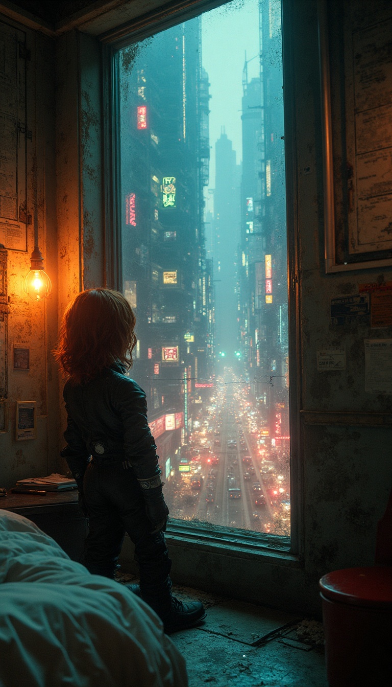 A small, dimly lit bedroom with walls adorned with industrial blueprints and flickering neon lights filtering through a grimy window. Outside, bustling streets of Coruscant with hovercraft darting through the sky like fireflies. Vibrant neon advertisements illuminate the faces of hurried pedestrians below, while the sounds of engines and vendors create an immersive, cacophonous atmosphere. The faint outline of steel towers looms against a twilight sky, setting the stage for life within this concrete jungle.