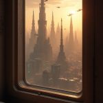 A small, dimly lit bedroom with a modest sleeping space where a tiny window frames a view of Coruscant's skyline. Beyond the glass, gleaming spires stretch toward the heavens, surrounded by a web of bustling aerial highways filled with vibrant hovercraft. The sky is muted, a backdrop of sepia swirls, as the sun dips beneath the horizon, igniting it in a fiery blaze. Shadows flap against the walls, reflecting the urgency of the outside world and the chaos brewing within the Galactic Senate.
