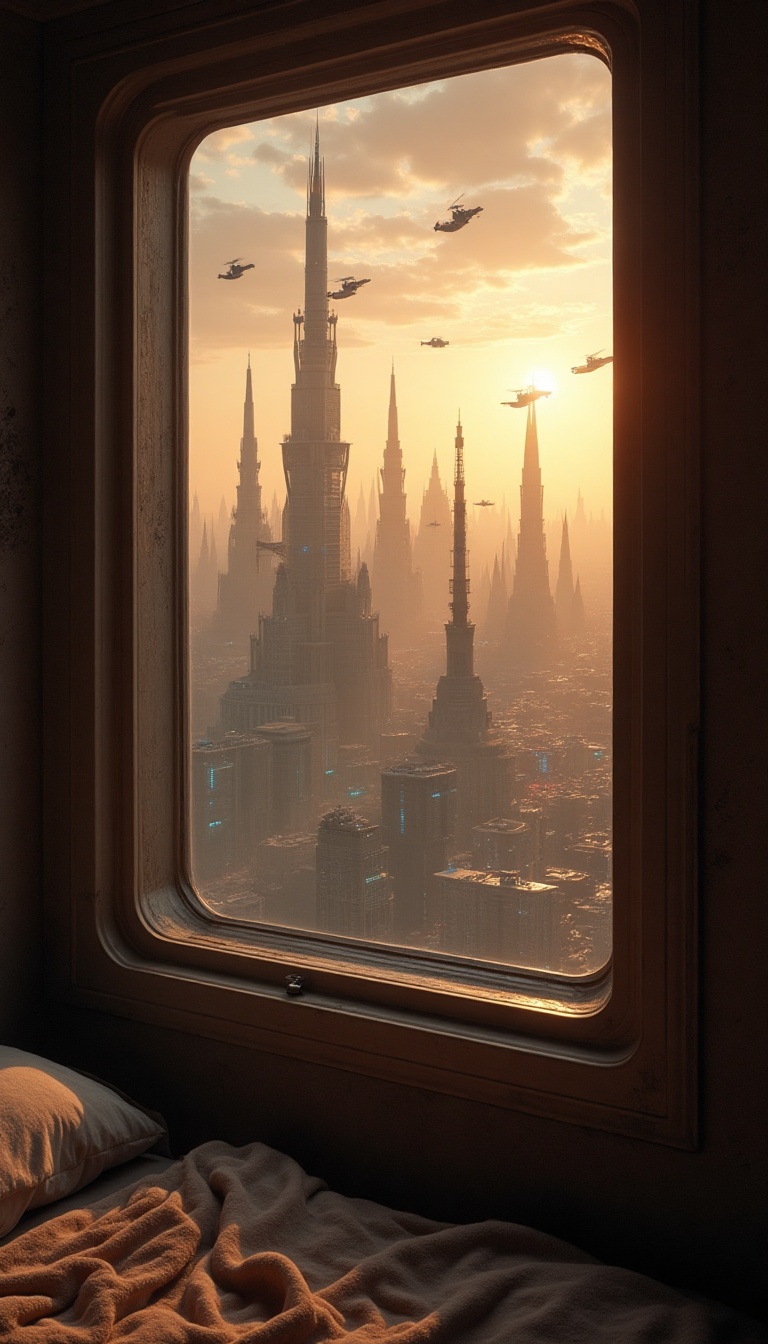 A small, dimly lit bedroom with a modest sleeping space where a tiny window frames a view of Coruscant's skyline. Beyond the glass, gleaming spires stretch toward the heavens, surrounded by a web of bustling aerial highways filled with vibrant hovercraft. The sky is muted, a backdrop of sepia swirls, as the sun dips beneath the horizon, igniting it in a fiery blaze. Shadows flap against the walls, reflecting the urgency of the outside world and the chaos brewing within the Galactic Senate.